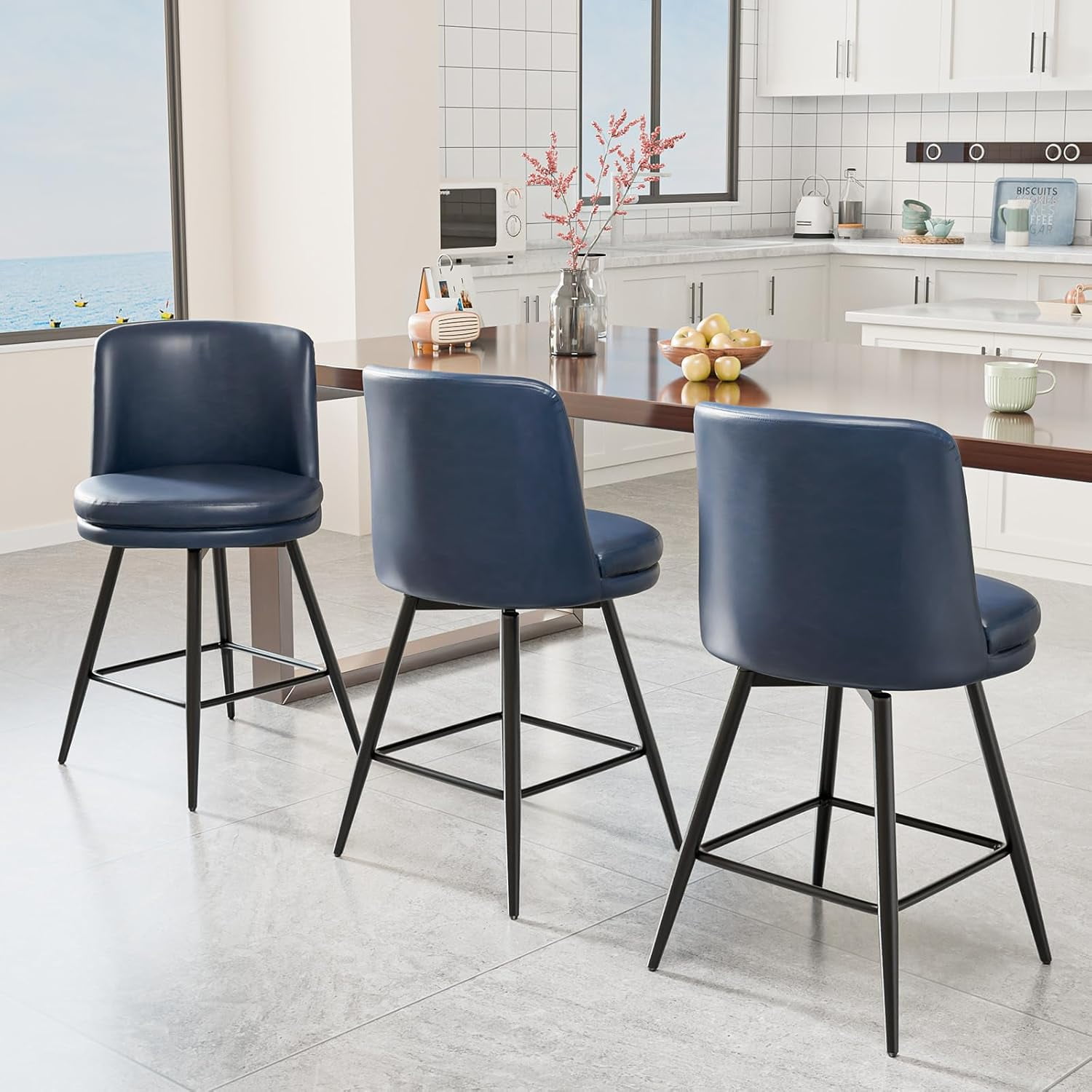 VINGLI 26" H Swivel Barstools Set of 2, PU Faux Leather Upholstered Counter Height Bar Stool with Back, Kitchen High Chairs with Cushion Round Seat, Metal Legs, White