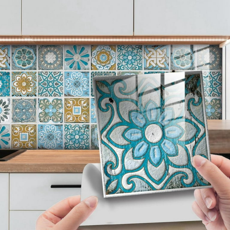 TOARTI Mandala Flowers Decorative Stickers,18 Pcs (6x6”) Mexican Talavera  Backsplash Tile Decals,Vintage Moroccan Style Ceramic Tile Sticker for