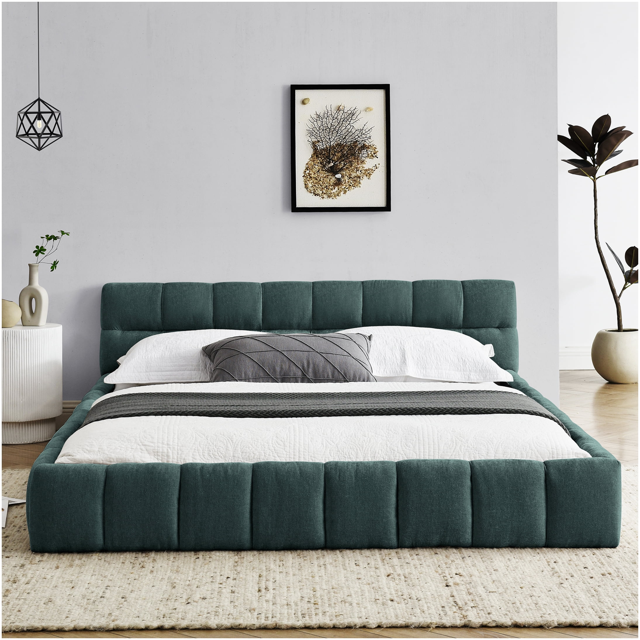 Queen Size Upholstered Platform Bed Frame with Headboard, Modern Chenille Fabric Bed, No Box Spring Needed, Blue Green