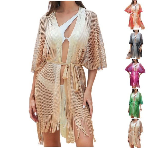 Feancey Womens Cardigan Cover Up Open Front Hollow Out Bikini Swimsuit Coverups Fashion Fringe Kimono Cover Ups with Belt Black Free Size