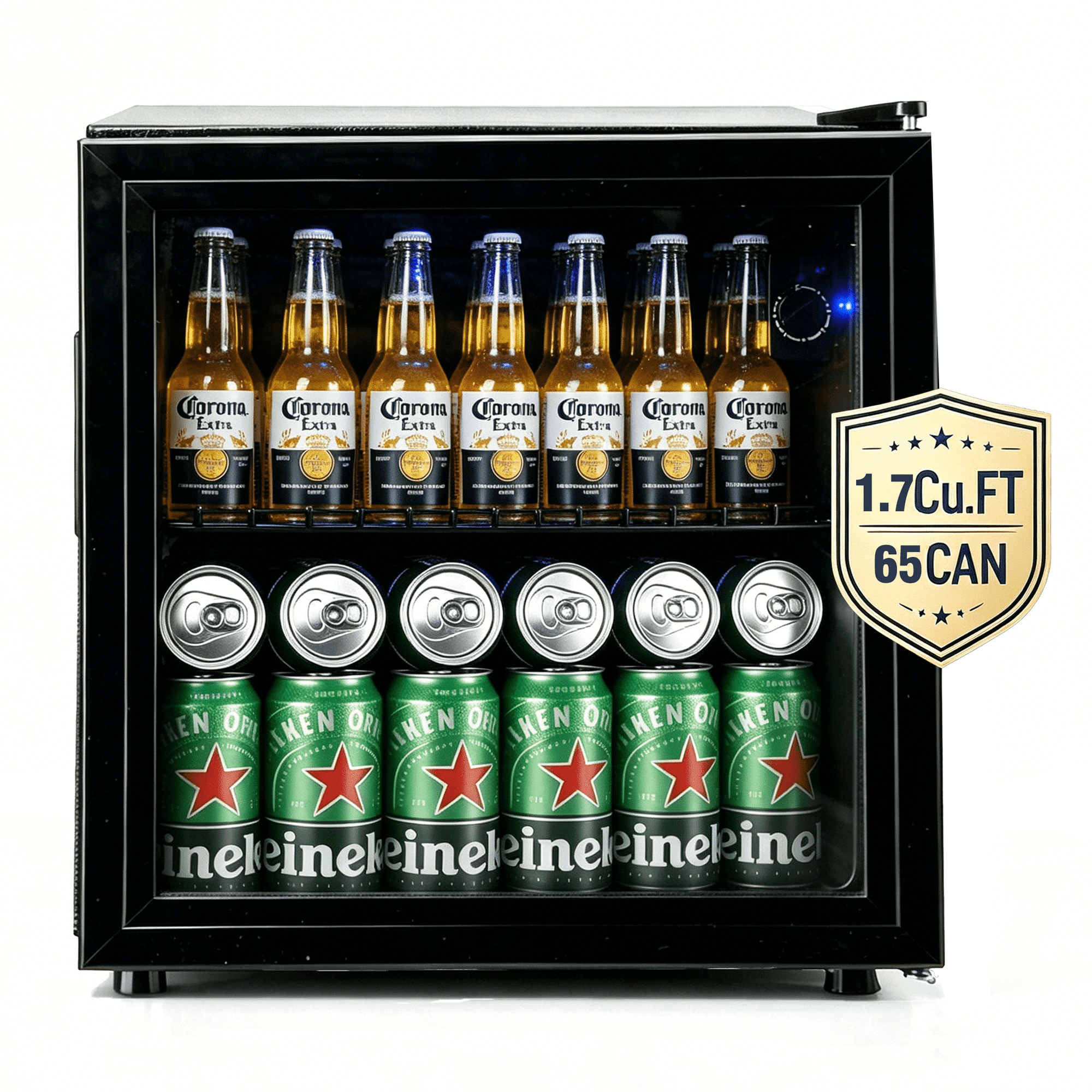 CALLIEVER 1.7 Cu. ft Mini Fridge,62 Can Mini Beverage,Refrigerator Cooler,Mini Fridge with Glass Door,Stainless Steel Look,Black