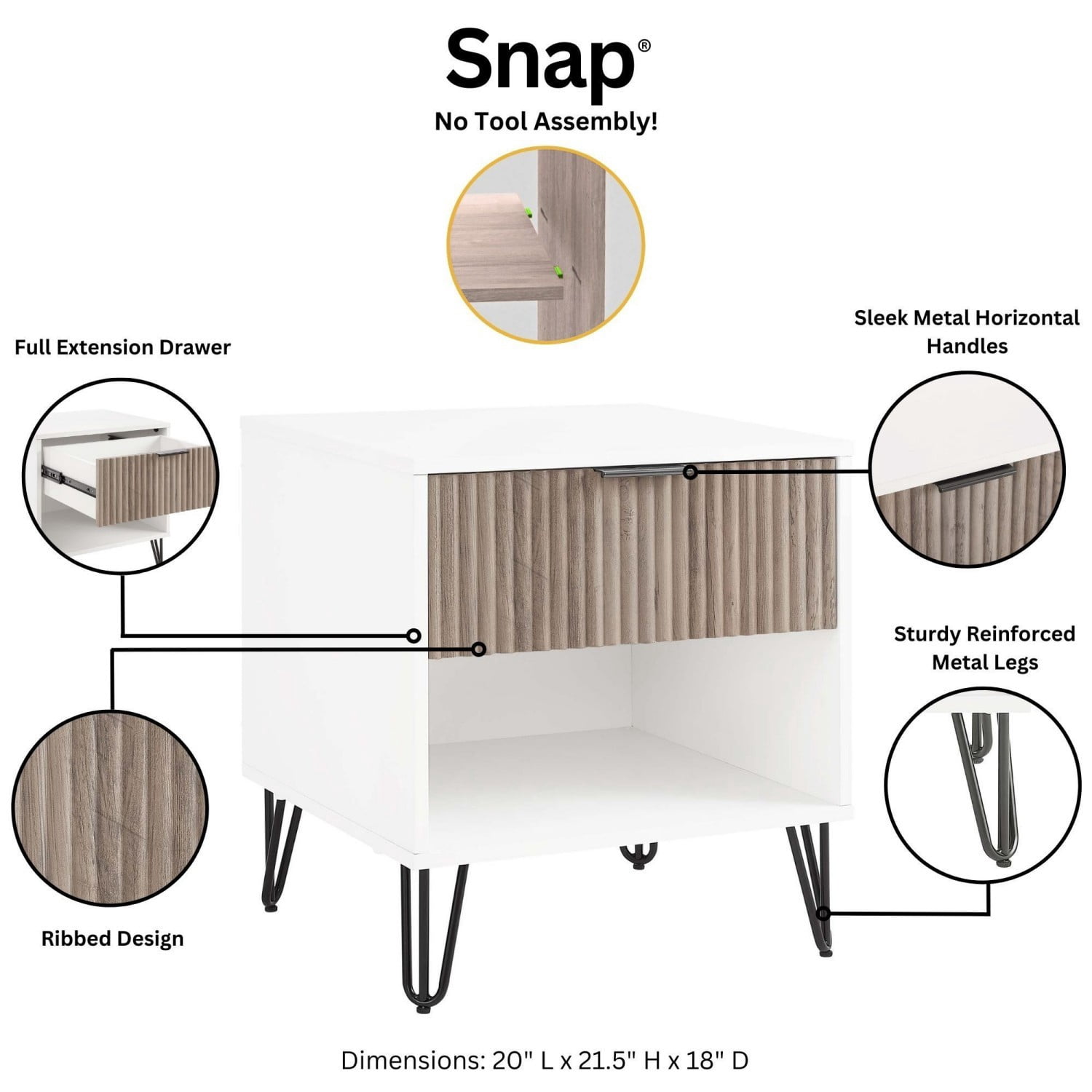 Nightstand, Modern Glam Bedside Table with 1 Drawer, Vertical Ribbed Texture, Gold Handle and Splayed Metal Legs, Storage End Table for Bedroom Living Room, Grey & White