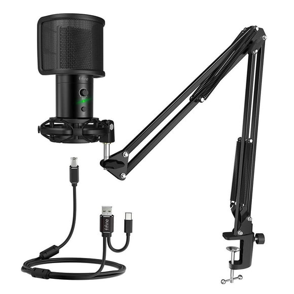 FIFINE USB Gaming Streaming Microphone Kit for PC Computer, Condenser Mic Set with Arm Stand Mute Button & Gain, Mic Studio Bundle for Podcast Recording Tw