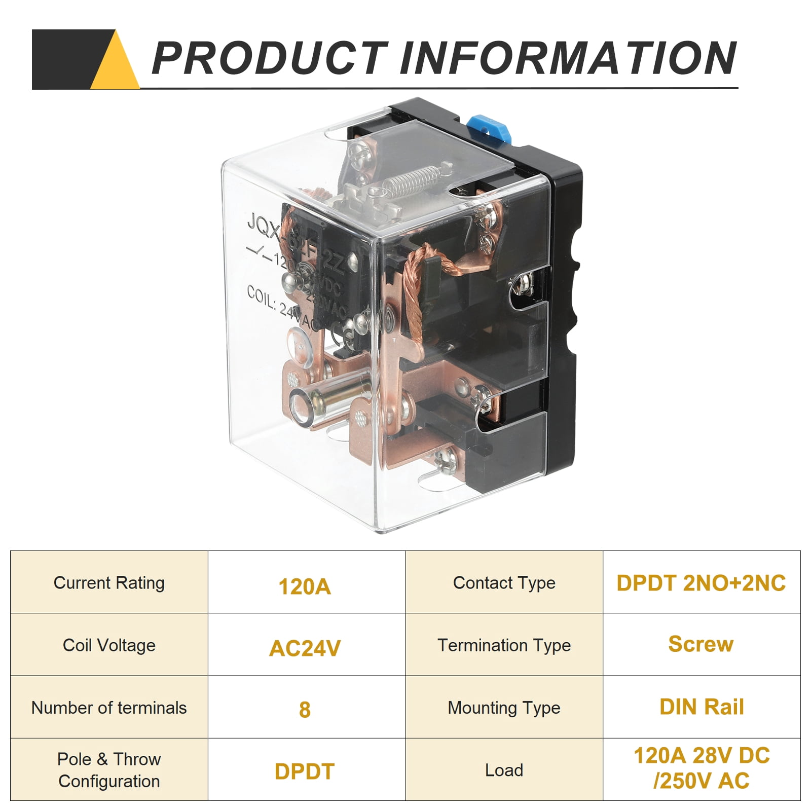 AC24V 120A Electromagnetic Relay, High Power Relay DPDT 2NO 2NC 8 Terminals Din Rail Mounting
