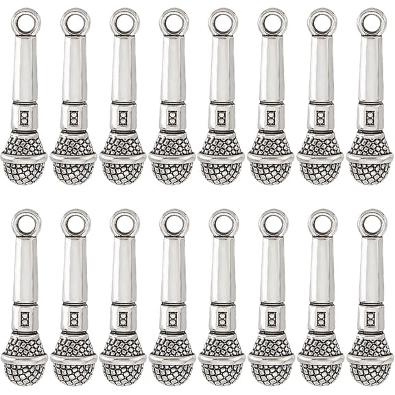 1 Box 60Pcs Microphone Charms Bulk Music Pendants Tibetan Style Silver Singer Mini Karaoke Small Miniature Lifelike Alloy Charms for Jewelry Making DIY Necklace Supplies