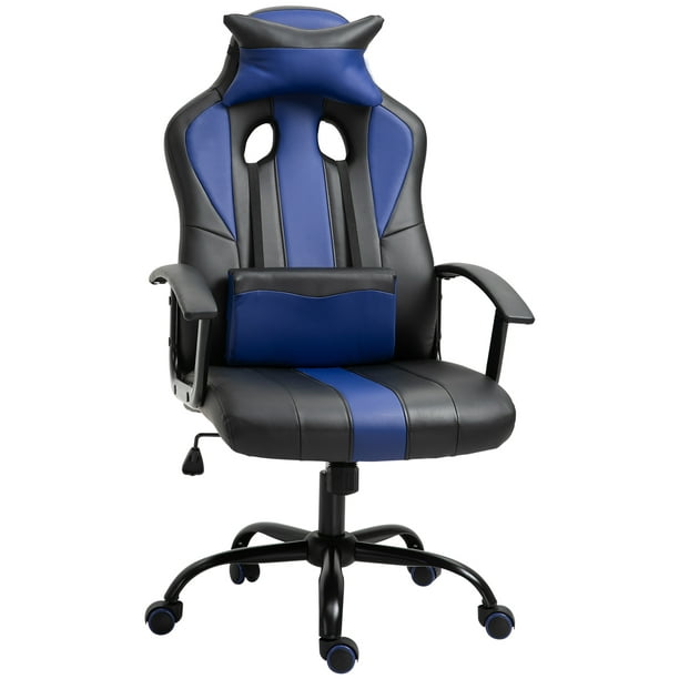 Chaise de Bureau Vinsetto Chaise de Jeu Réglable en Cuir PU Siège d'Ordinateur Pivotant avec Support Lombaire et Coussin Bleu