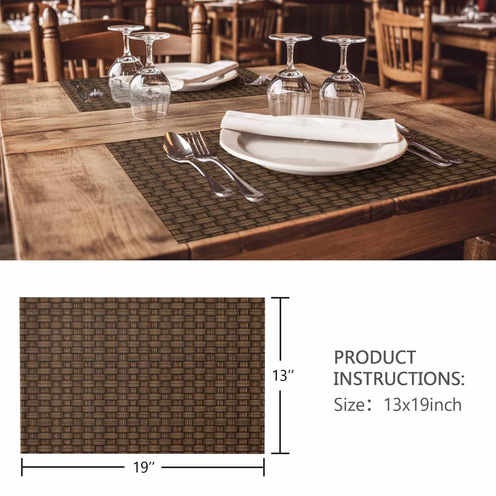 Placemats Set of 4, Dark Brown Rattan Woven Placemat, Linen Place Mats for Kitchen/Dining Tables, Vintage Abstract Wicker Texture Washable Table Mats for Party