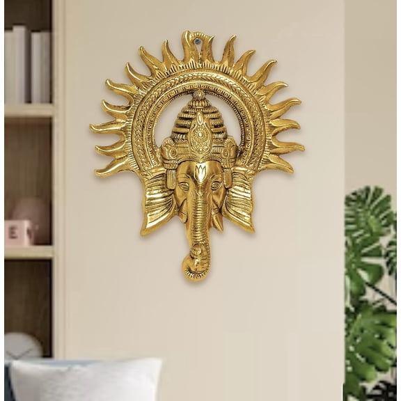 Hastcraft Metal Ganesha Face with Sun Rays-Wall Decor for Indoor & Enterence, Wall Hanging for divinity-Gift Figurine/Showpiece – Golden