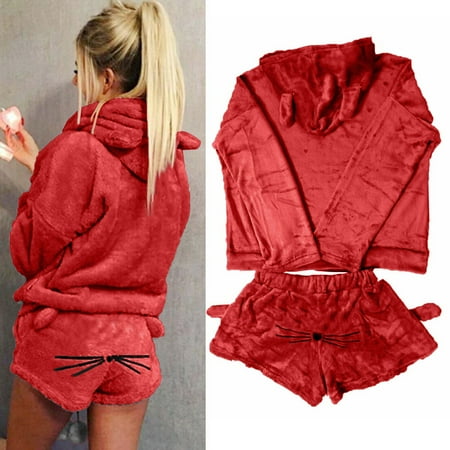 

TWIFER Sleepwear For Women Women Solid Color Warm Winter Set Two Piece Cute Cat Pajamas Hoodie Sleepwear