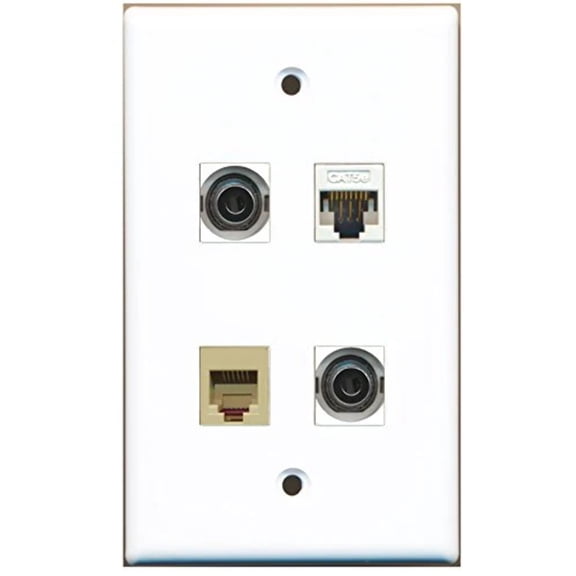 RiteAV - 1 Port Phone RJ11 RJ12 Beige 2 Port 3.5mm 1 Port Cat5e Ethernet White Wall Plate