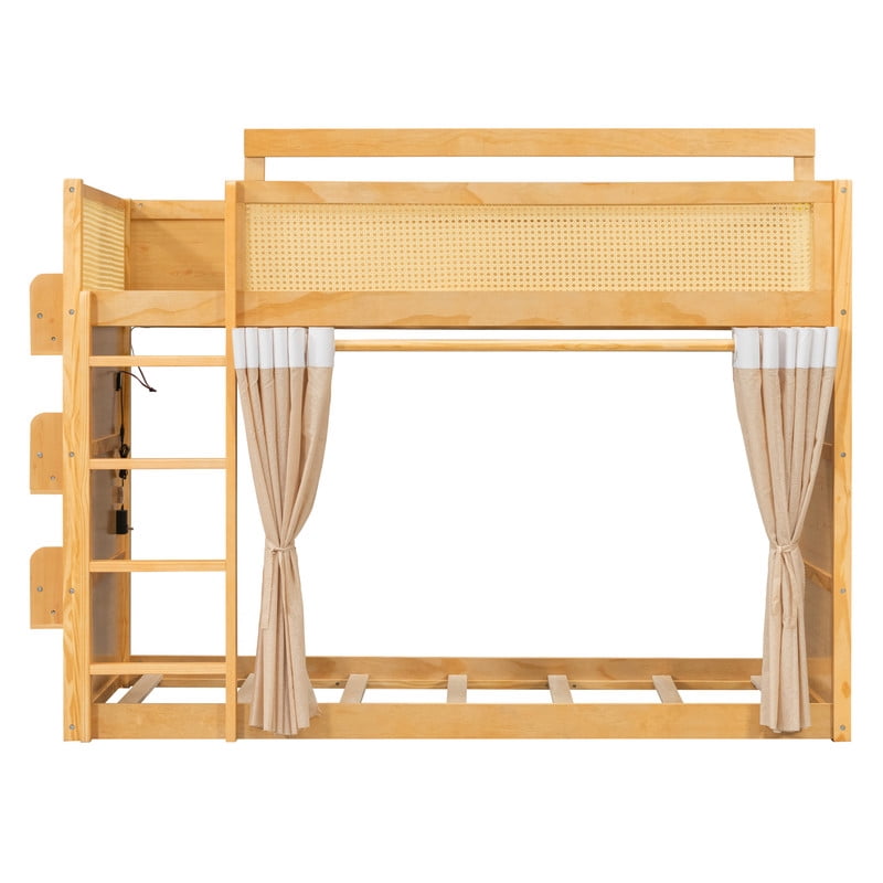 Twin Size Bunk Bed with 3-Tier Storage Shelf, Rattan-Style Design, Privacy Curtains and Built-In Light Strip, Modern Wood Twin Over Twin Bunk Bed Frame with Ladder for Kids Teens