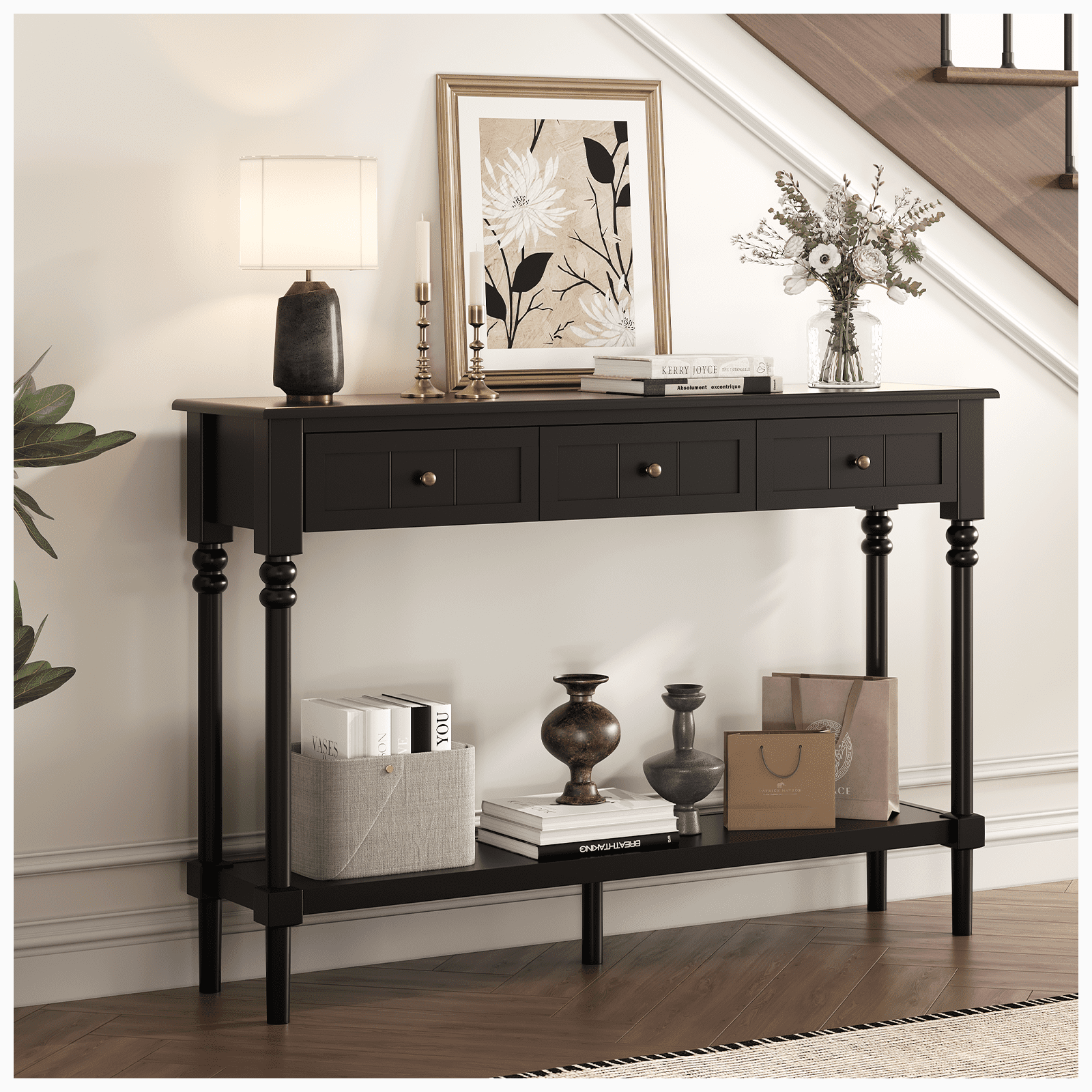 JOINICE Console Tables with Drawers,43" Entryway Table with Shelf and Solid Wood Legs,Narrow Long Sofa Table with Storage, Wood Foyer Tables for Entryway,Living Room,Hallway,Black