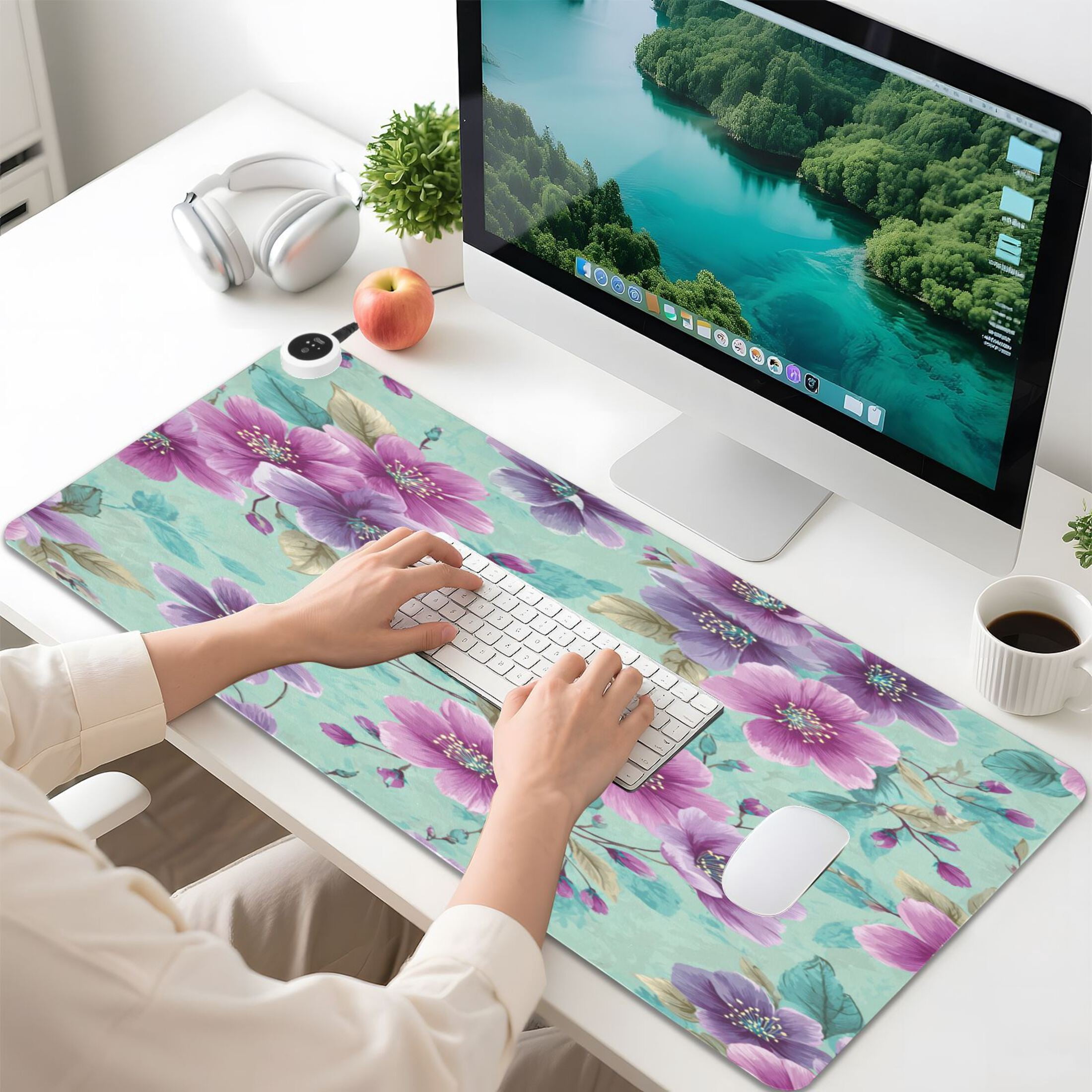 Large Heated Desk Mat Mouse Pad 31.5"x13"PU Leather Graphene Heating Desk Warmer with 3 Temperature Settings 110V US Plug Non-Slip Warm Pad for Home, Office, and Gaming Teal Purple Floral Print