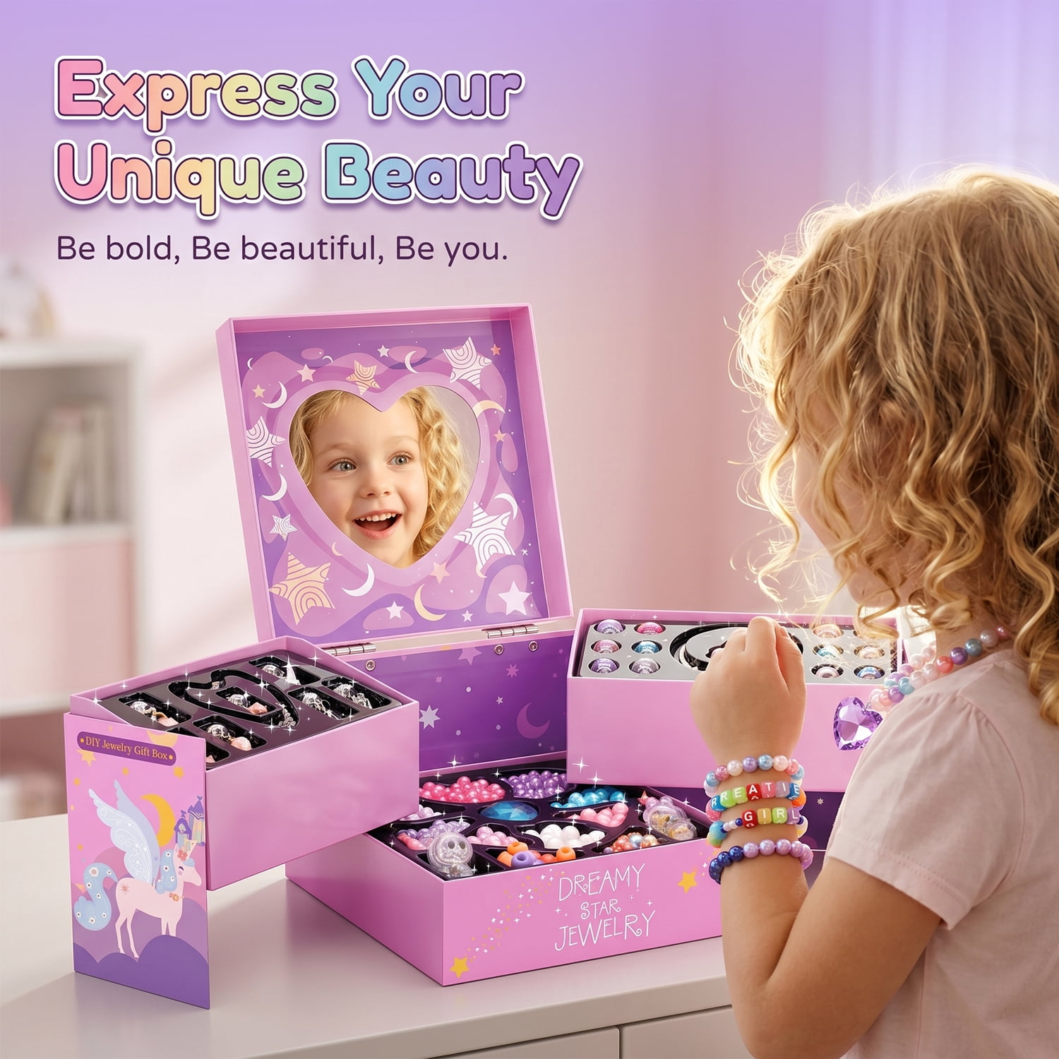 FUJILI Unicorn DIY Bead Jewelry Kit for Girls, Bracelet and Necklace Making Set with Mirror, Elastic Cord & Colorful Beads, Creative Craft Toy Gift for Ages 8-12