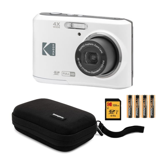Kodak PIXPRO FZ45 Friendly Zoom Digital Camera (White) Bundle with Folding Storage Travel Case, 128GB SD Class 10 UHS-I U1 V10 Full HD Memory Card, and Procell AA (4-Pack) (4 Items)