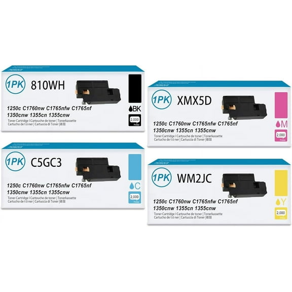 4-Pack 810WH C5GC3 XMX5D WM2JC (1BK/1C/1M/1Y) Toner Cartridge 1250c Toner Cartridge Replacement for DELL 1250c C1760nw C1765nfw C1765nf 1350cnw 1355cn 1355cnw Printer