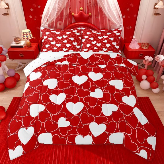 Feelyou Cute Love Heart Bedding Comforter Set for Teen, Romantic Cartoon Twin Comforter Sets, Red White Graffiti Lines Reversible Bedding Set, Breathable Home Decor, 2 Pieces