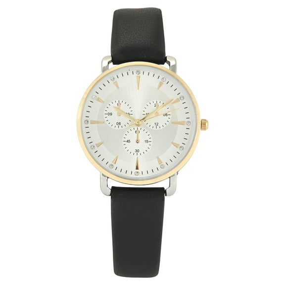 Time & Tru Ladies Two- Tone Round Case with Black PU Strapm Watch