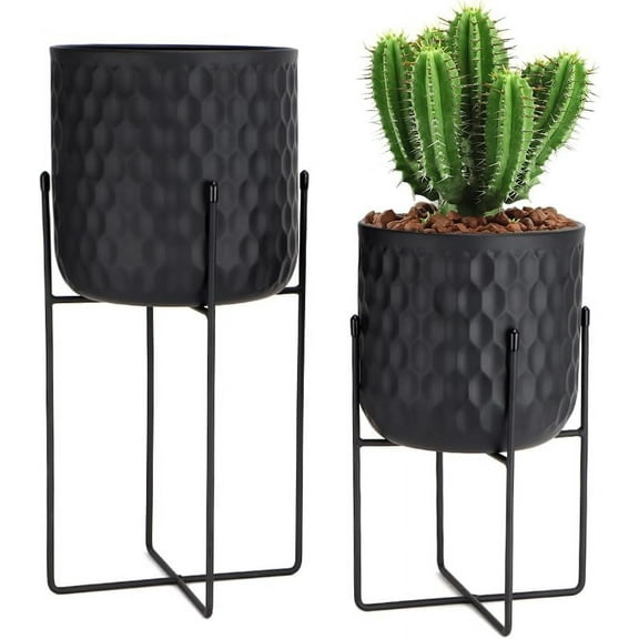 TRIROCKS Set of 2 Planters with Stand Indoor Outdoor Metal Plant Stand 8 * 18 &7 * 12 "Modern Planters Flower Pots for Living Room Corner Kitchen Office Garden Balcony Patio Decor(Black)
