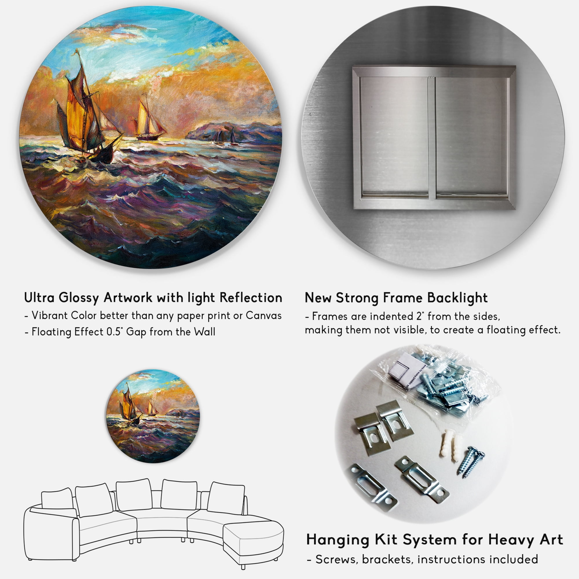 Designart 'Boats During Evening Sunset In The Ocean II' Nautical & Coastal Circle Metal Wall Art 36x36 - Disc of 36