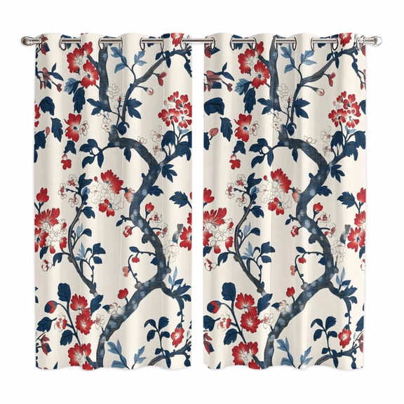Curtains 63 Inch Length 2 Panels, Red Blue Botanical Grommets Window Treatment Curtain, Summer Vintage Flower Leaf Branch Thermal Curtains Drapes for Living Room/Bathroom