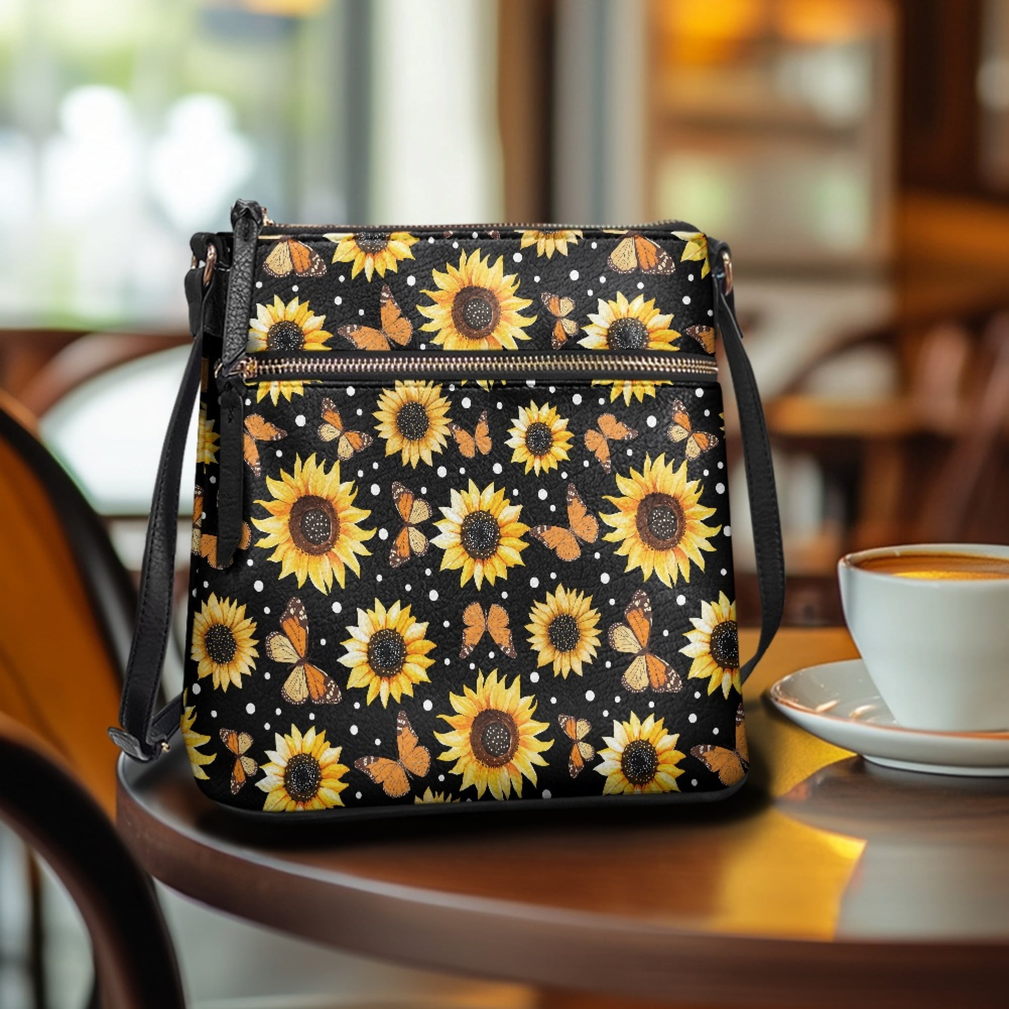 Kuiaobaty Sunflower Butterfly Print Crossbody Bag for Women, Medium Size Portable Leather Satchel Purse with Adjustable Strap, Sturdy Waterproof Messenger Handbag Crossbody for Travel