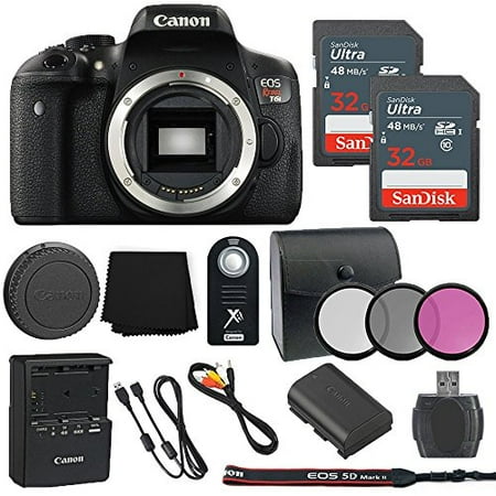 - Canon EOS Rebel T6i 24.2MP Digital SLR Camera Body Only + 2 32GB Sandisk Ultra SD Cards + Wireless Shutter Remote + Memory Card Reader + Cleaning Cloth + 3 Piece Filter Kit- International Model