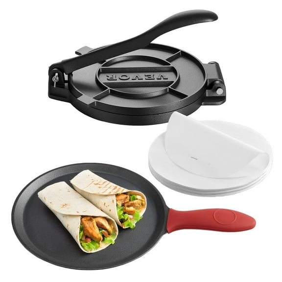 10 Inch Tortilla Press, Cast Iron Chapati Roti Maker, Manual Dough Press with 10.5 Inch Frying Pan, Heavy Duty Flatbread Press for Tortillas, Pizza, Pies