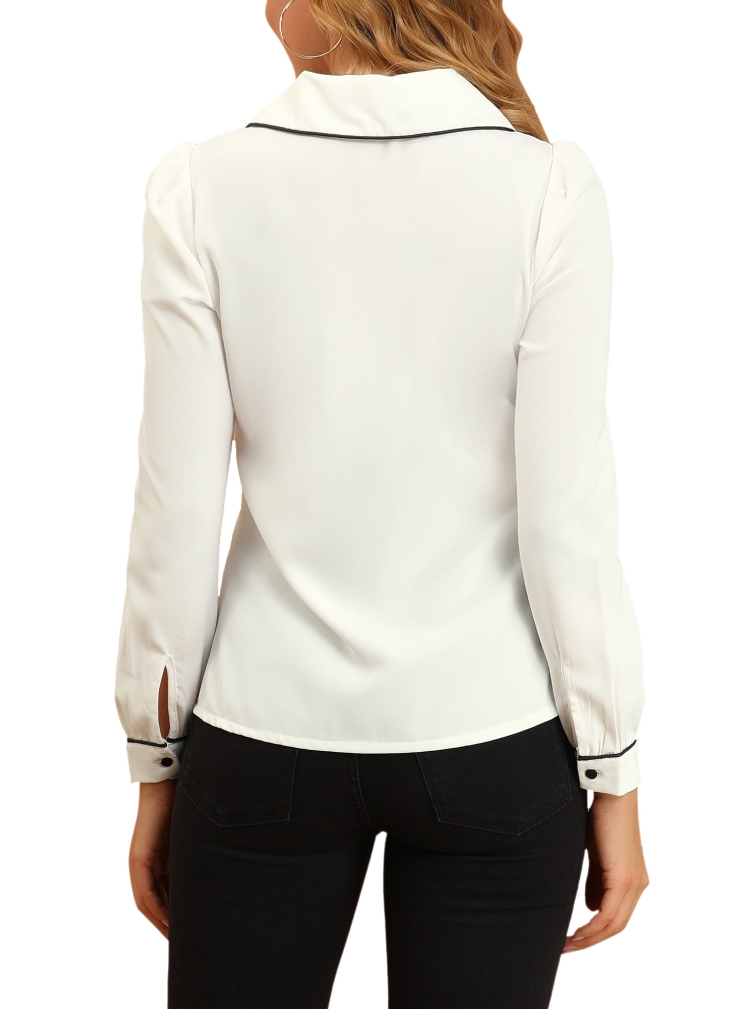 DARING DIVA Women's Peter Pan Collar Puff Sleeve Work Blouse XL White