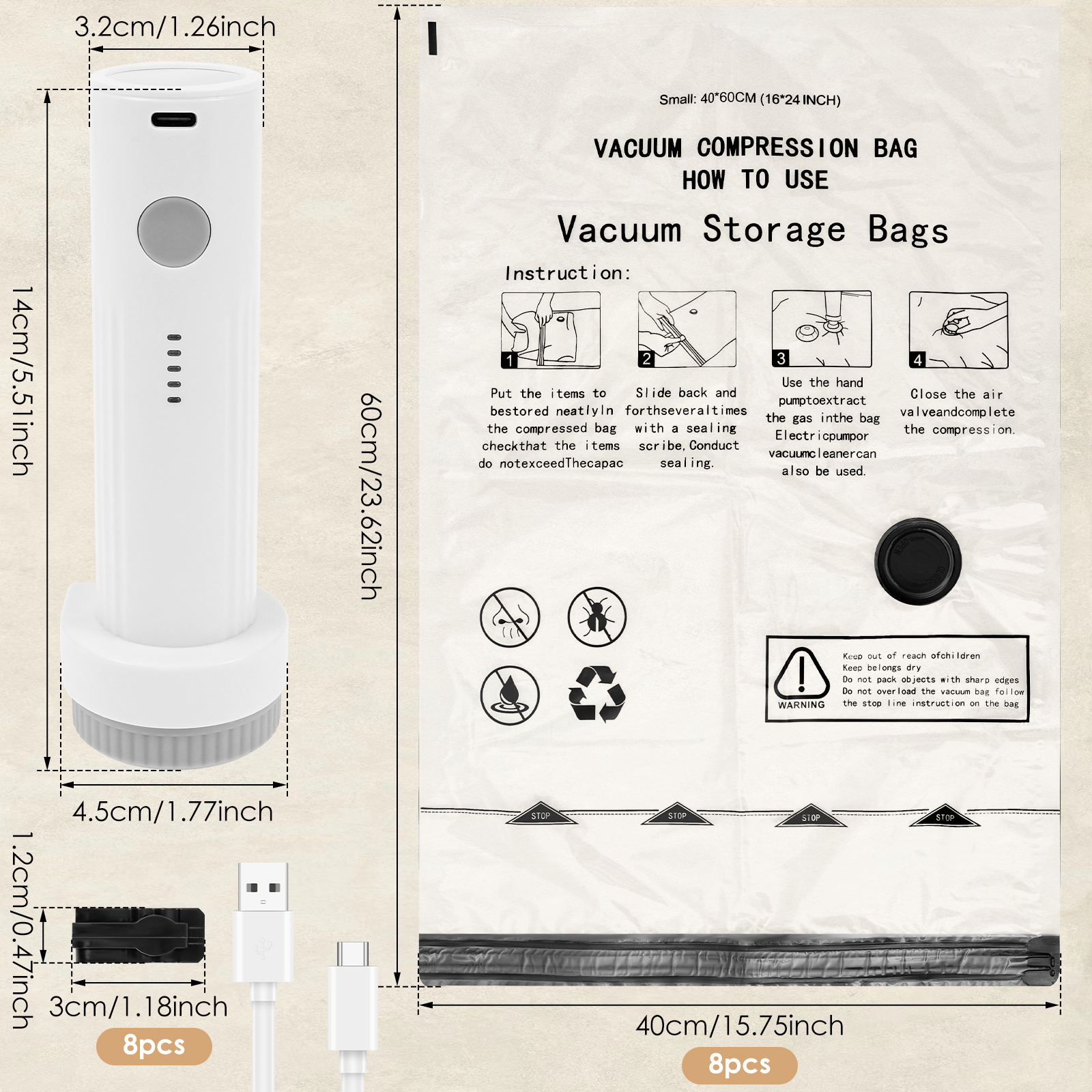 Vacuum Bag with Electric Pump Rapid Compression 8 Pack Triple Seal Compression Bag with Double Zipper Lock for Luggage and Suitcase