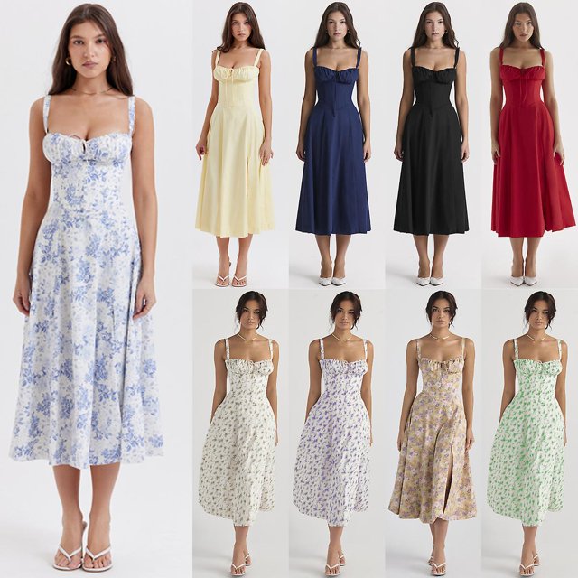 Women Carmen Print Bustier Dress Floral Boho Midi Dress Ladies Summer Beach Swing Sundress