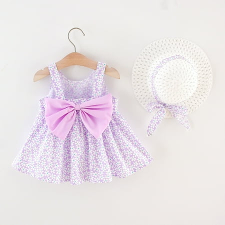 

THE WILD Girls Dresses Casual Bowknot Floral Print Square Neck Sleeveless Mini Girls Dresses Purple