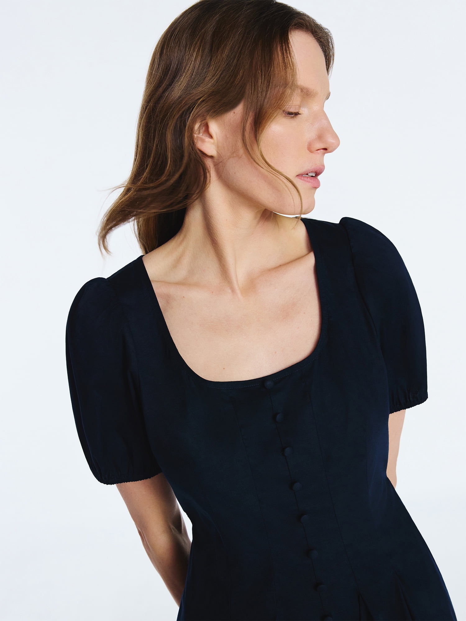 Scoop Women’s Button Front Mini Dress with Puff Sleeves, Sizes XS-XXL