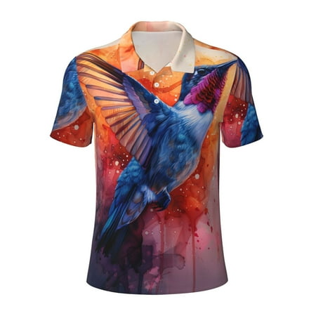 Cauagu Vibrant Hummingbird Watercolor Art Print Men s Polo Shirts Short-Sleeve Polo Shirts for Men Performance Golf Shirt Athletic Casual Collared T-Shirt-XX-Large