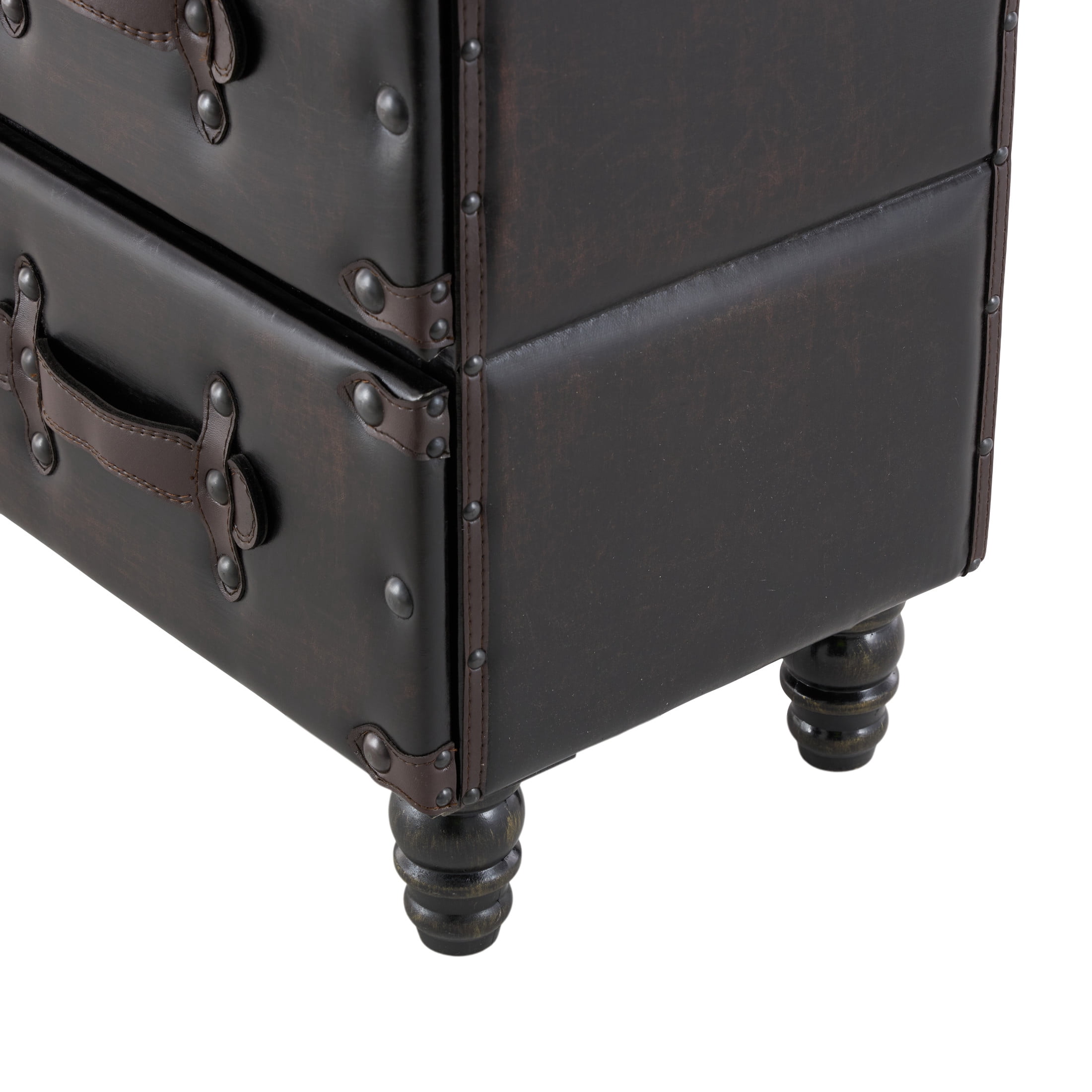 DecMode 32" x 28" Black Wood Vintage Faux Leather Chest with Rivets and Straps Detailing, 1-Piece