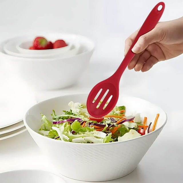 COM1950s Silicone Slotted Spoon with Long Handle,Soup Strainer for Kitchen Use,Dishwasher Safe Design and Storage Hook,Efficient Cooking Tool
