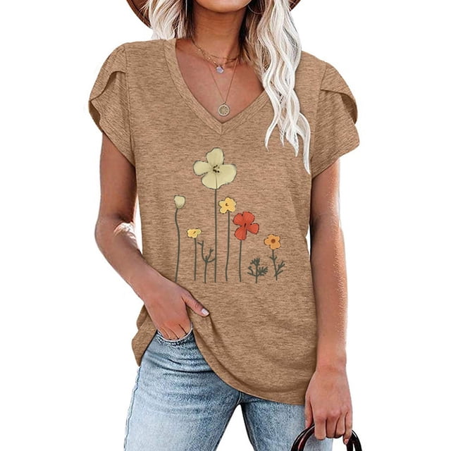 Pntutb Moda Mujer Verano Cuello En V Manga Corta Estampado Casual Camiseta Blusa Pntutb Pntutb-5004