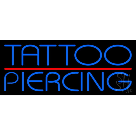 Blue Tattoo Piercing Red Line LED Neon Sign 10" Tall x 24" Wide - inches Black Square Cut Acrylic Backing, with Dimmer - Premium built indoor Sign for Storefront, Store interior, Studio.
