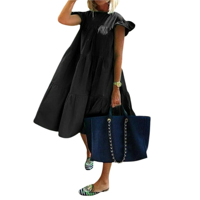 Wangsaura Women Temperament Loose Mid-length Dress, Solid Round Collar Fly Sleeve Ruffle Layered Flowy Skirt Beachwear