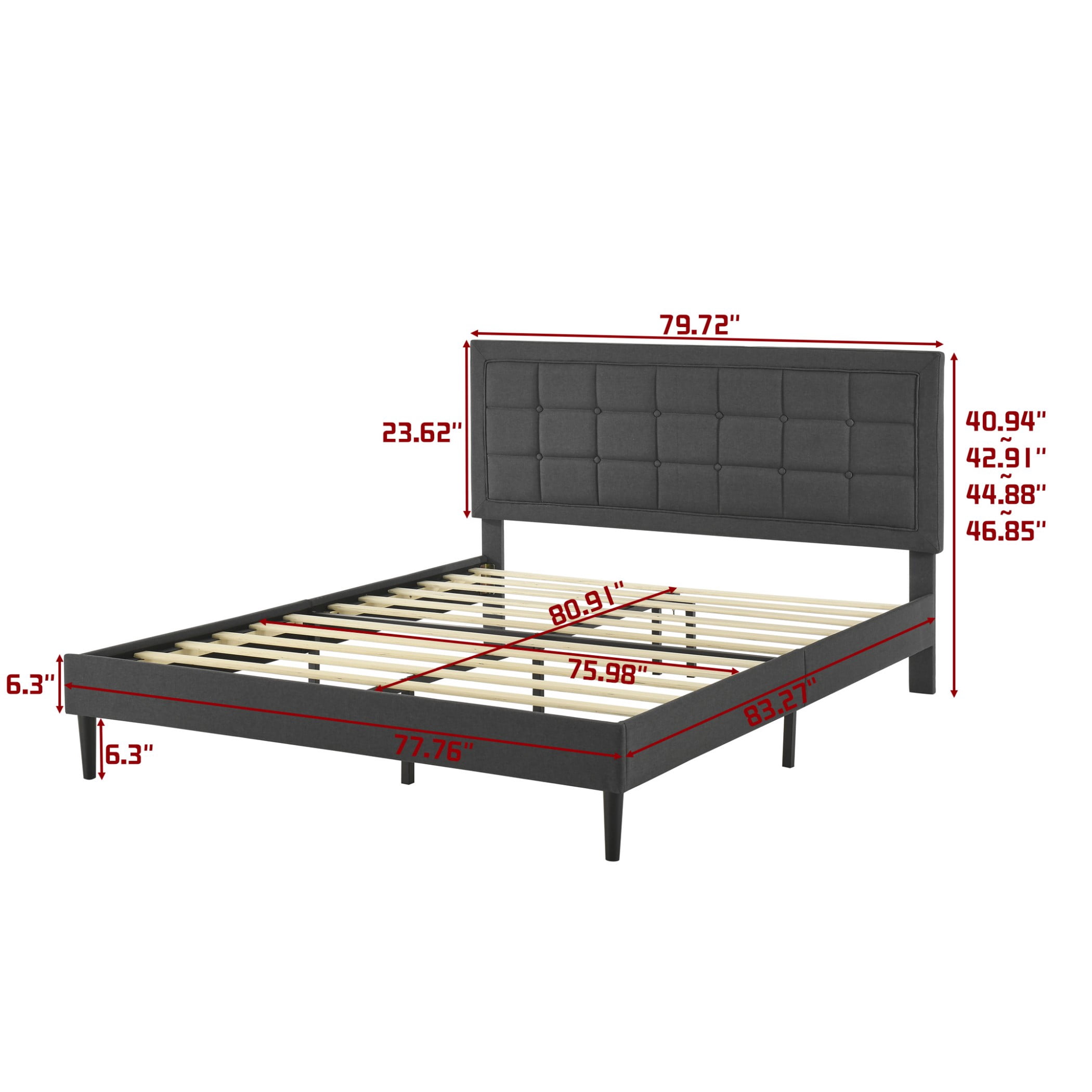 BSHTI King Size Platform Bed Frame with Adjustable Tufted Headboard, Solid Wood Frame, 12 Wood Slats, No Box Spring Needed，Grey