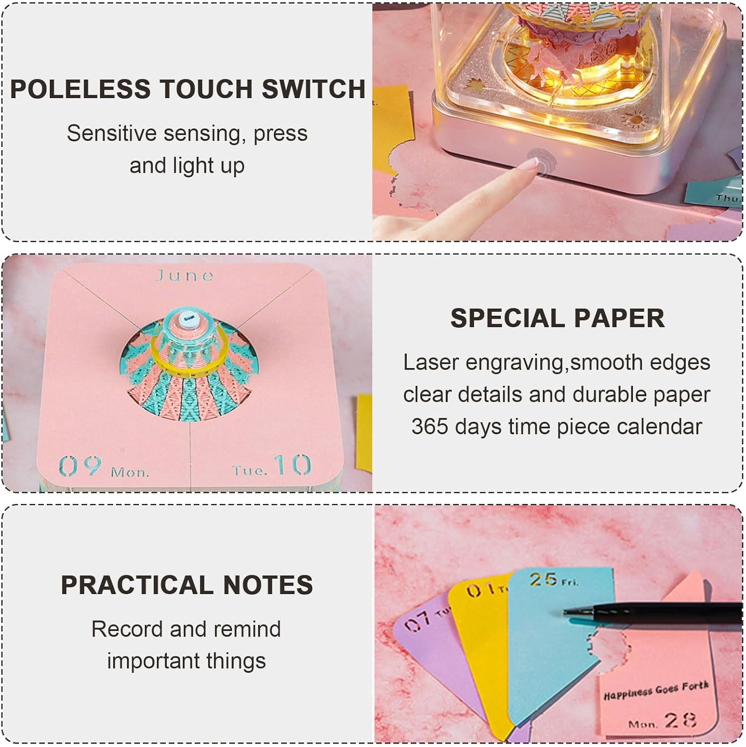 2026 Desk Calendar Carousel with Light, 3D Memo Pad Non-stick Post-it Notes School Office Home Stress Relief Calendar Best Gifts(Carousel)