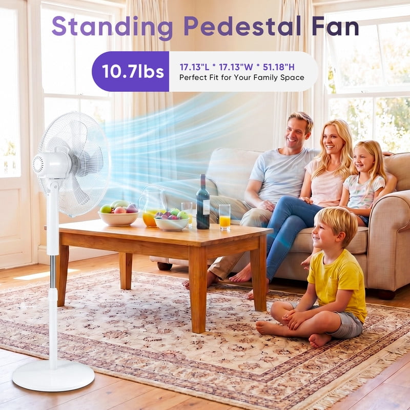 Gianna Quiet Pedestal Fan with Remote, Standing Floor Fan for Bedroom, Home Office - 15H Timer, 3 Speed & 3 Wind Modes, 80°Oscillating, Adjustable Height，White