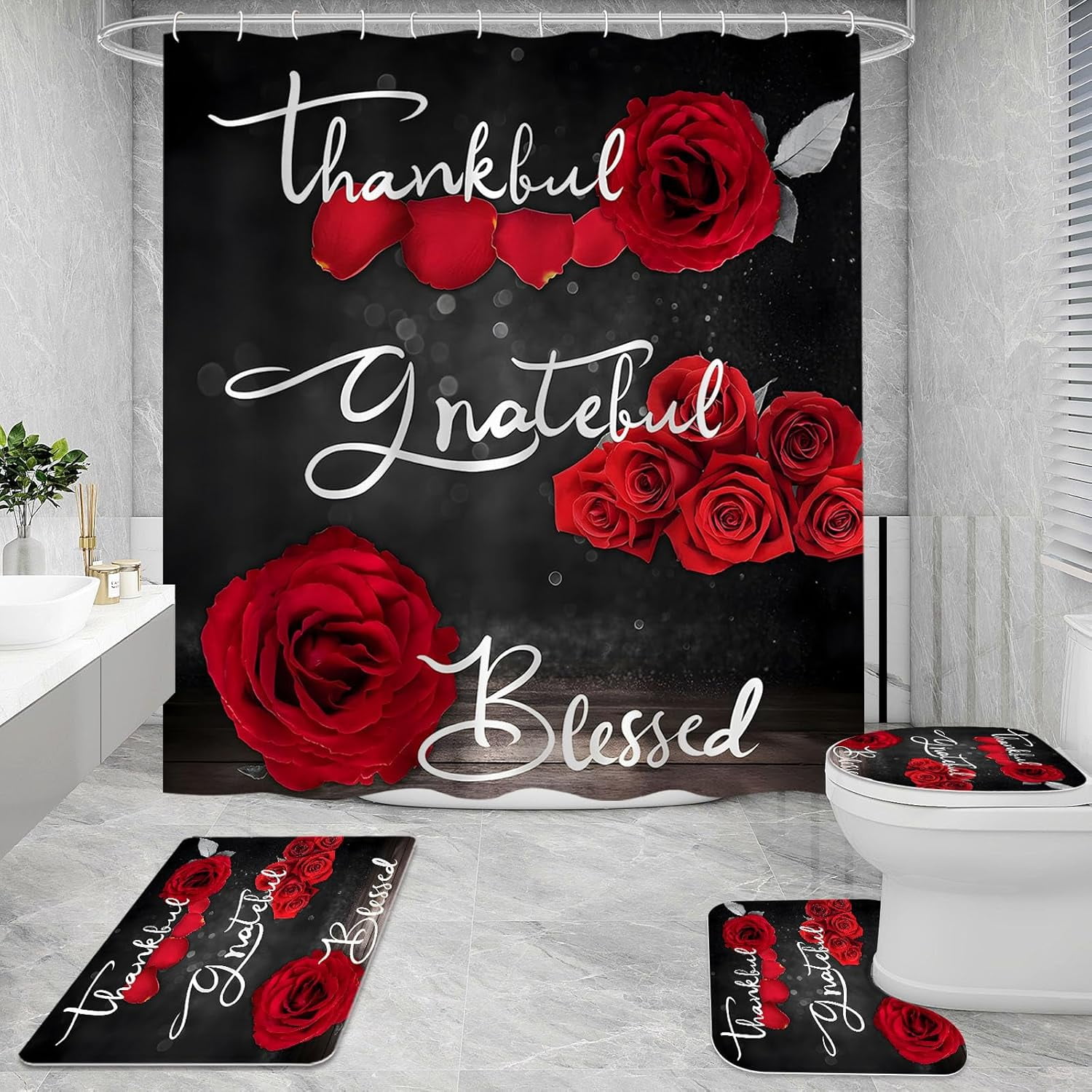 4 Pcs Red Rose Shower Curtain Set with Non-Slip Rugs, Toilet Lid Cover and Bath Mat, Thankful Grateful Blessed Romantic Showy Elegant Floral Bathroom Decor Set with Shower Curtain and Rugs