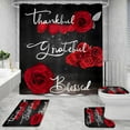 thumbnail image 2 of 4 Pcs Red Rose Shower Curtain Set with Non-Slip Rugs, Toilet Lid Cover and Bath Mat, Thankful Grateful Blessed Romantic Showy Elegant Floral Bathroom Decor Set with Shower Curtain and Rugs, 2 of 6