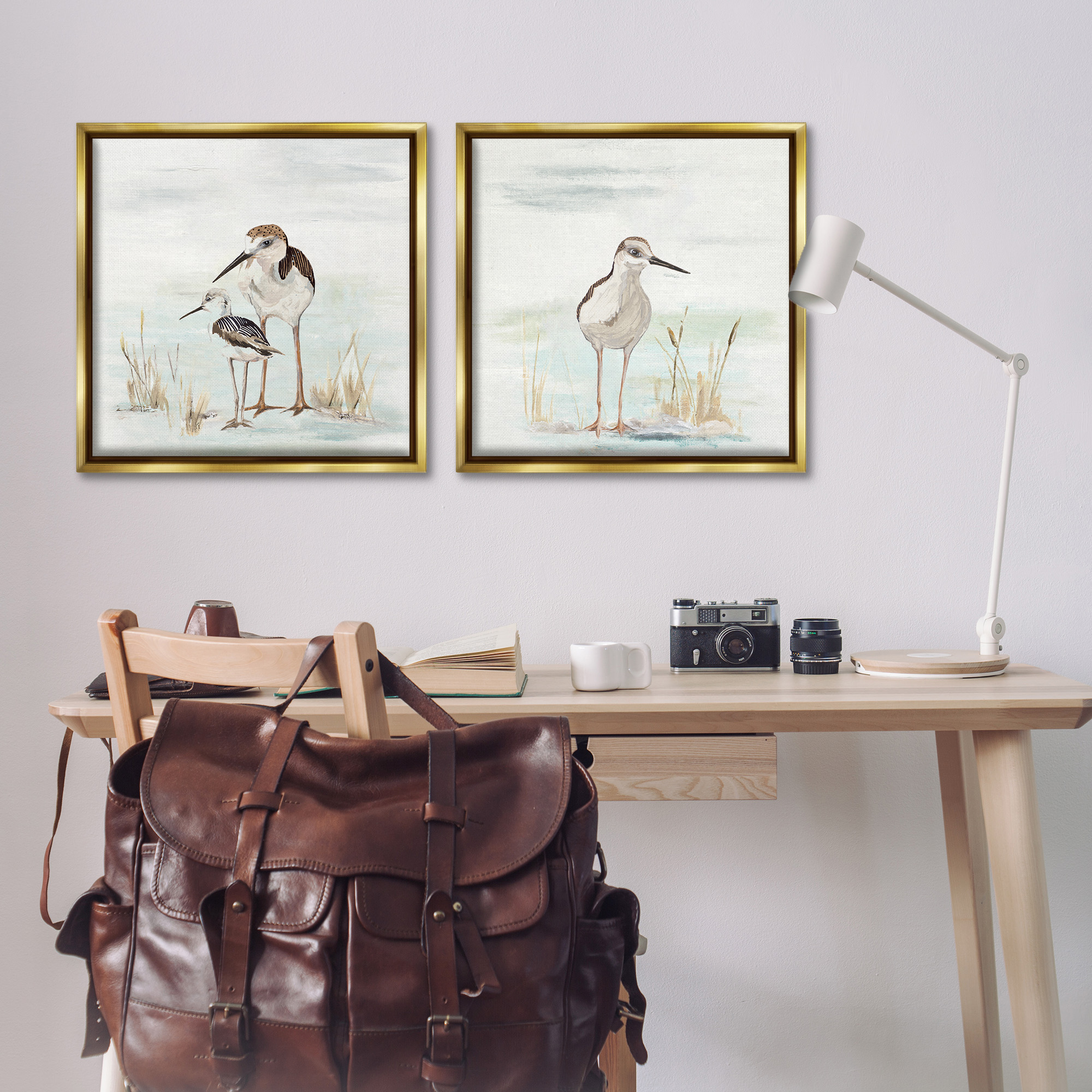 Stupell Industries Sandpipers Among Beach Grasses Animals & Insects Painting Gold Floater Framed Canvas Art Print Wall Art, 25 x 25, Set of 2