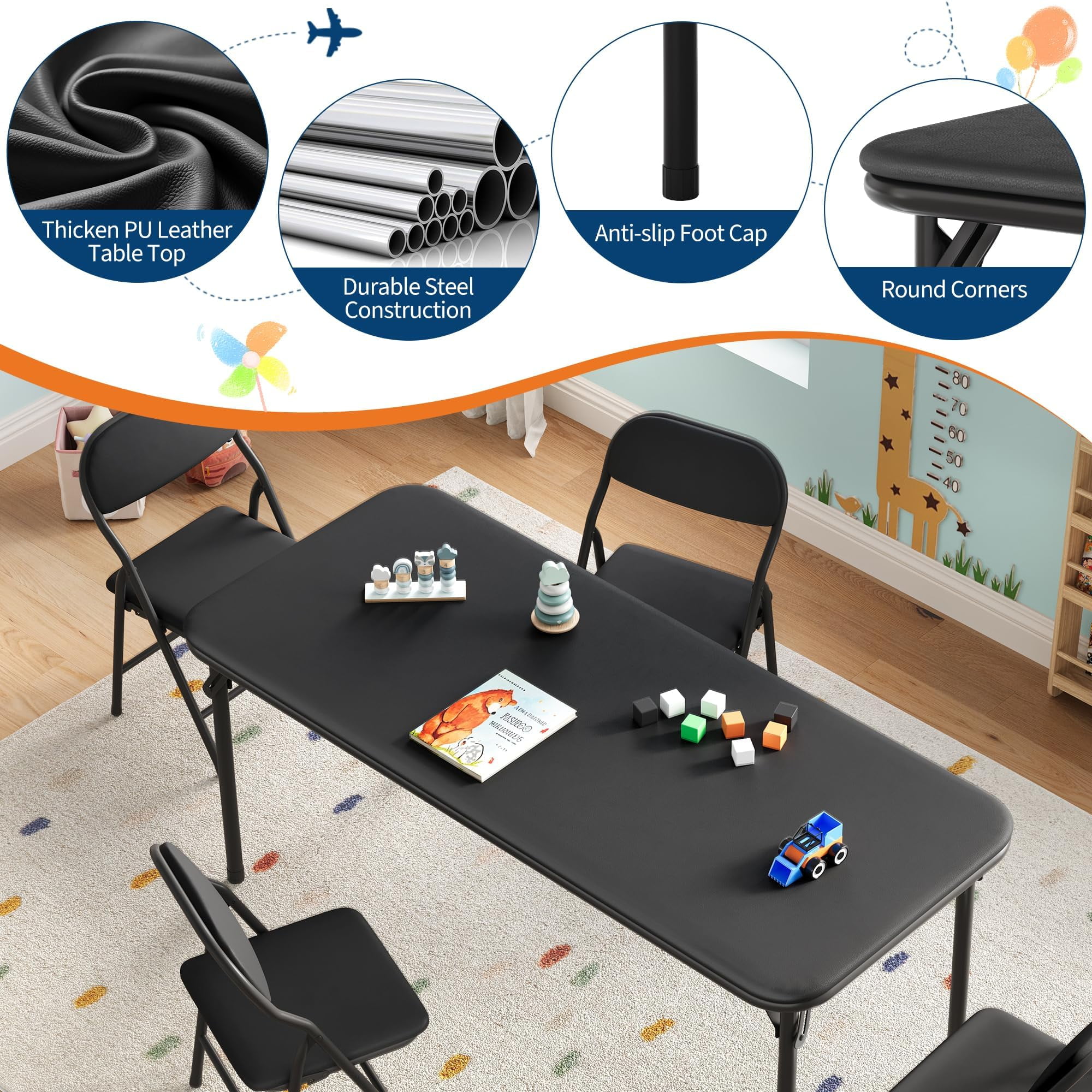 Ultra Soft PU Padded 1/5/7-Piece Kids Folding Table and Chairs Set – Durable Steel Frame, Anti-Slip Feet, No Assembly – Portable for Study, Dining, Learning Space, Play