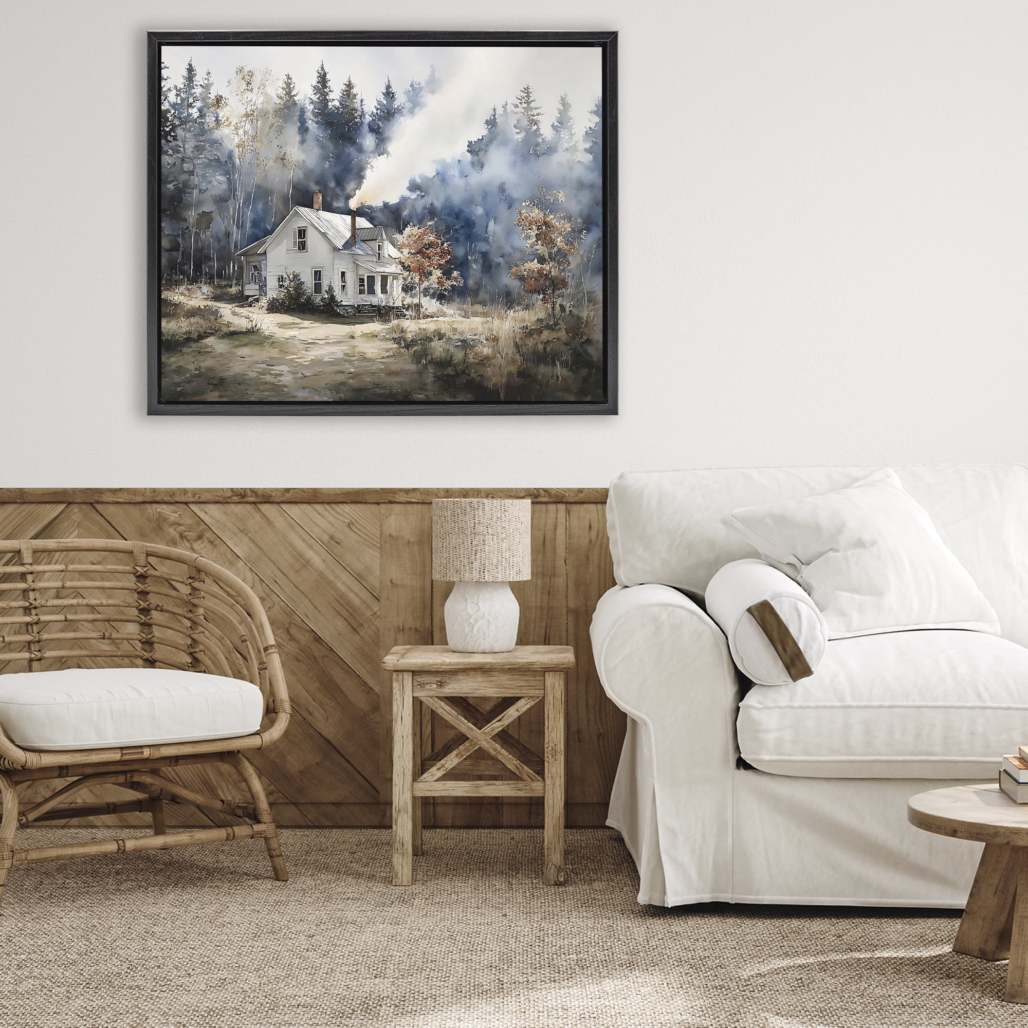 Stupell Industries Indigo Smoke at Woodland Cottage Black Framed Floater Canvas Wall Art, design by Franklyn Gregory