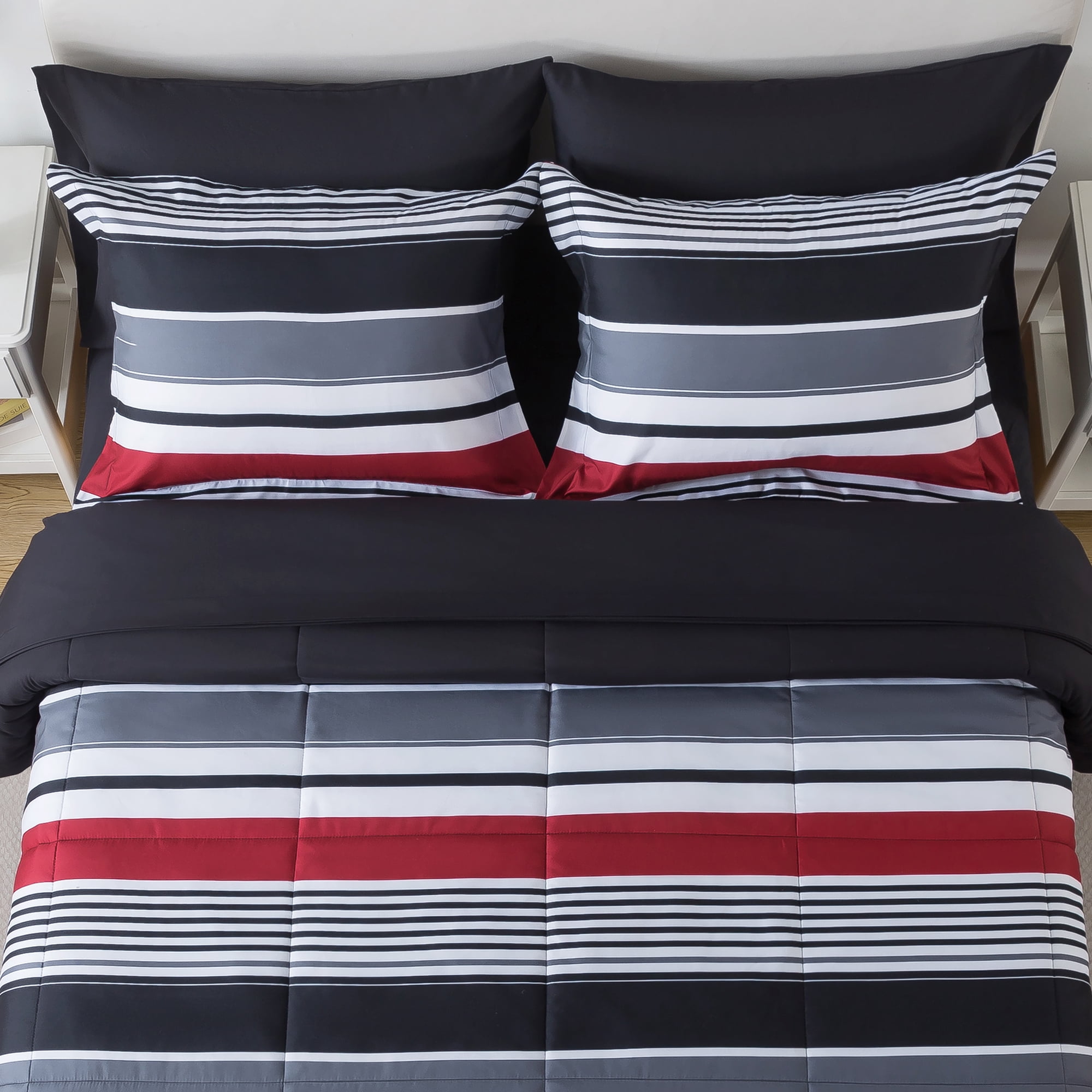 Mainstays All in One Reversible Comforter and Sheet set- 7 Piece, Full, Red and Black Stripe
