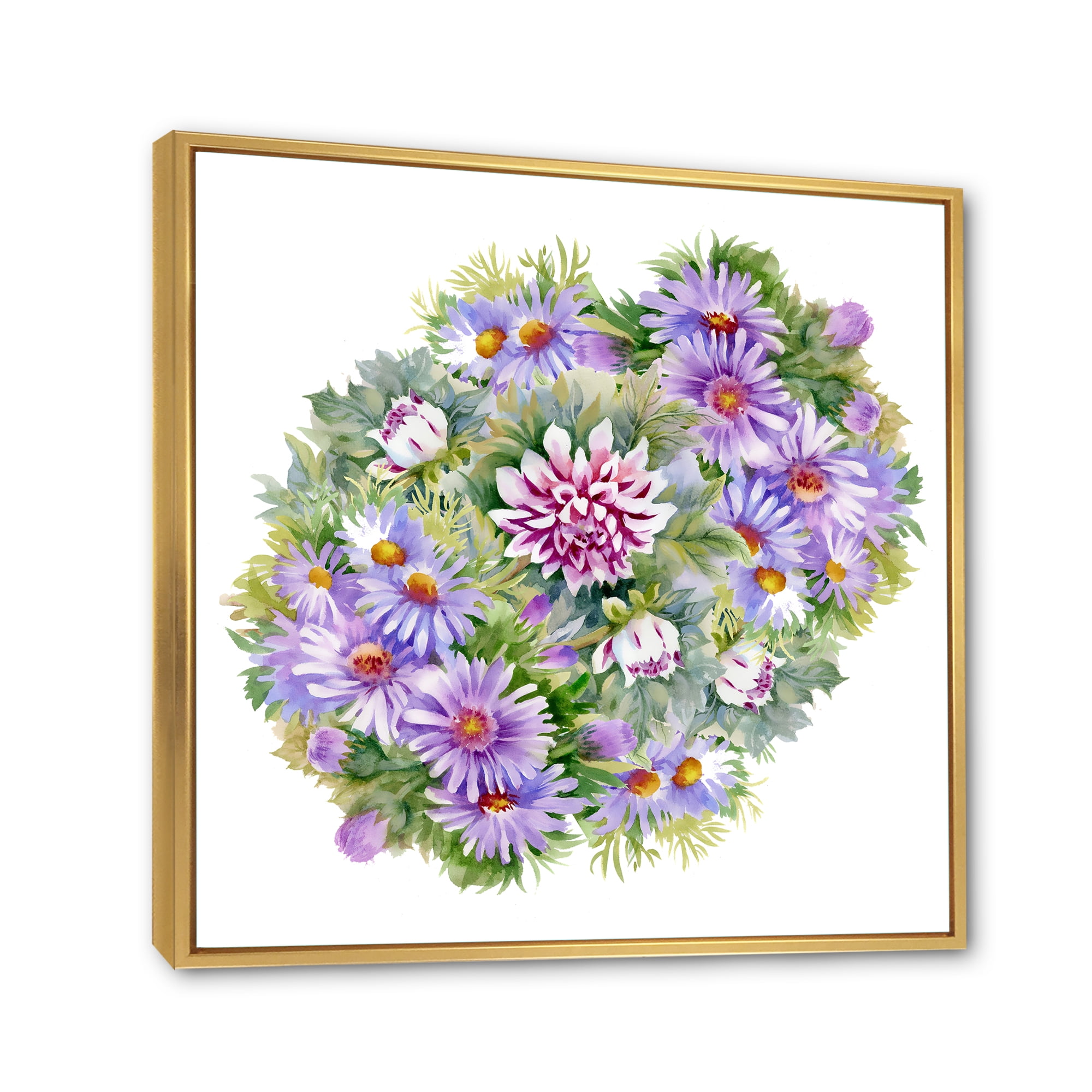 Bouquet With Daisies and Purple Chrysanthemums 36 in x 36 in Framed Painting Canvas Art Print, by Designart