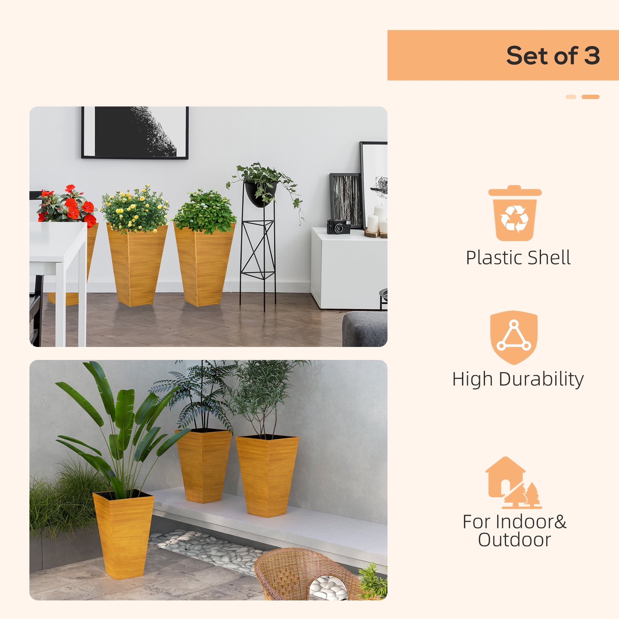 Garden Pots Outsunny 28" Tall Outdoor Planters, Set of 3 Large Taper Planters with Drainage Holes and Plug, Faux Wood Plastic Flower Pots for Outdoor, Indoor, Garden, Patio, Tan,Outdoor Garden Plant